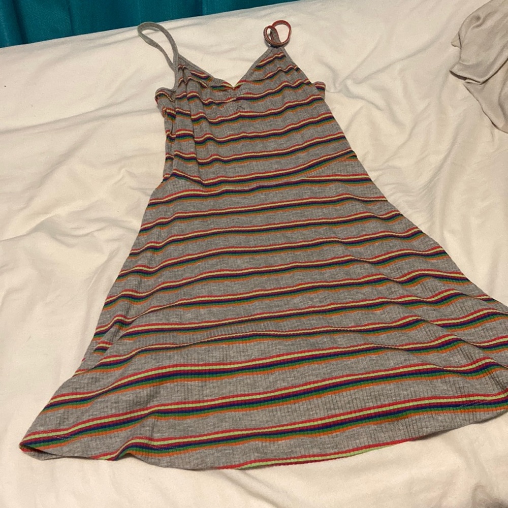 Grey and rainbow striped and ribbed dress